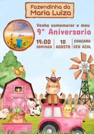 Convite Aniversário Fazendinha Rosa com Foto para Editar