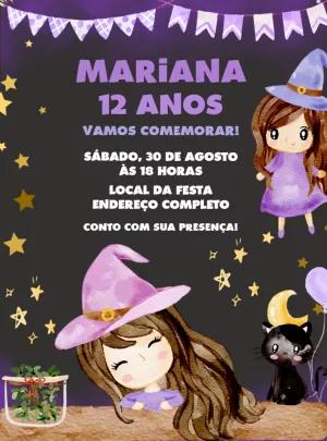 Convite Aniversário Halloween Bruxinha Aquarela para Editar Online