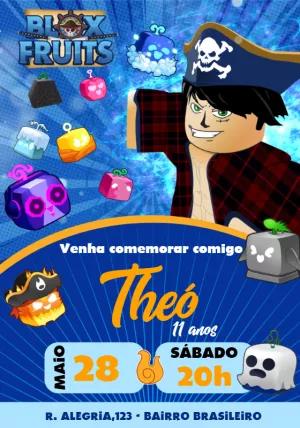 Convite de Aniversário Blox Fruits com Personagens para Editar
