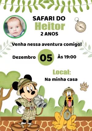 Convite Aniversário Mickey Safari com Foto para Editar Online