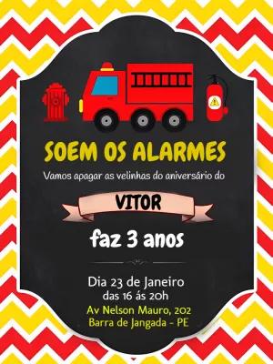 Convite de Aniversário Bombeiro Editável com Caminhão Vermelho