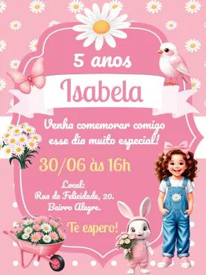Convite Aniversário Jardim Margaridas Rosa para Editar Online