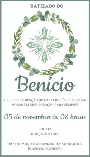 Convite de Batizado com Folhas Verdes para Editar Online