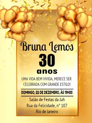Convite de Aniversário Dourado com Balões para Editar Online