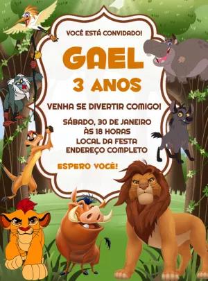 Convite Aniversário Rei Leão com Personagens para Editar Online