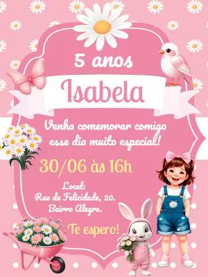 Convite Aniversário Jardim Margaridas com Menina para Editar