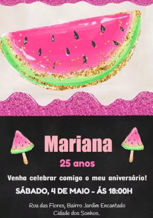 Convite Aniversário Melancia Glitter para Editar Online