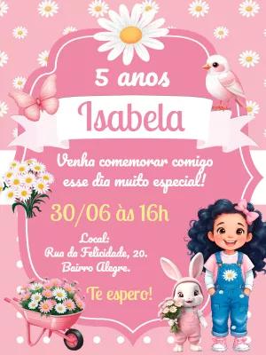 Convite Aniversário Jardim Margaridas com Menina para Editar Online