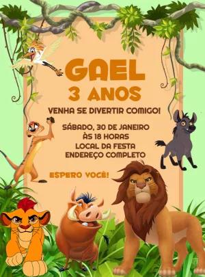 Convite de Aniversário Rei Leão com Personagens para Editar