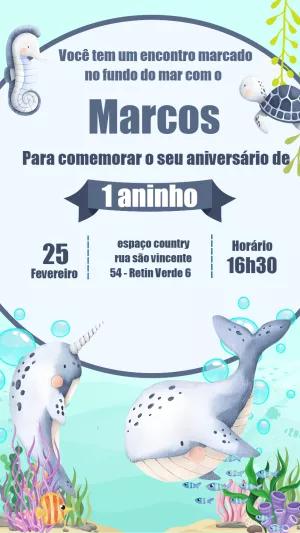 Convite Aniversário Fundo do Mar com Animais para Editar Online