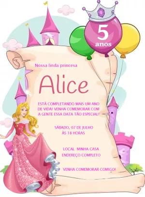 Convite Aniversário Bela Adormecida com Princesa para Editar