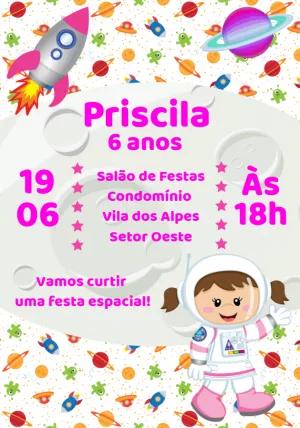 Convite Aniversário Astronauta Menina para Editar Online