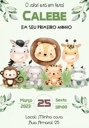 Convite de Aniversário Safari com Animais Fofos para Editar