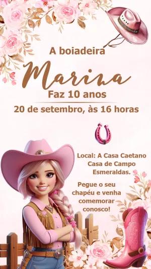 Convite Aniversário Boiadeira Country Rosa para Editar Online