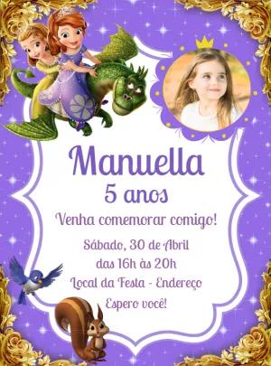 Convite Aniversário Princesa Sofia com Foto para Editar Online
