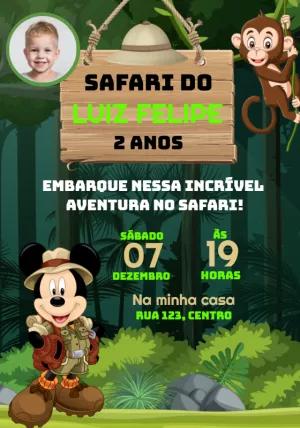 Convite Aniversário Mickey Safari com Foto para Editar Online