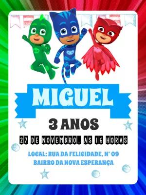 Convite Aniversário PJ Masks para Editar Online e Imprimir