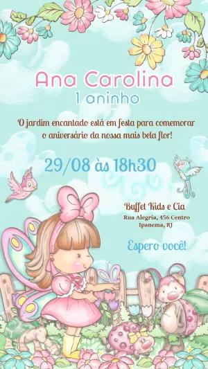 Convite Jardim Encantado com Fadinha em Aquarela para Editar