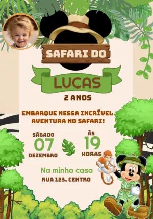 Convite Aniversário Mickey Safari com Foto para Editar Online