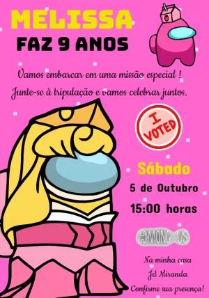 Convite Aniversário Among Us Rosa para Editar Online