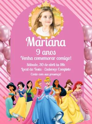 Convite Aniversário Princesas da Disney com Foto para Editar