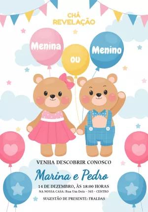 Convite Chá Revelação Ursinhos Fofos para Editar Online