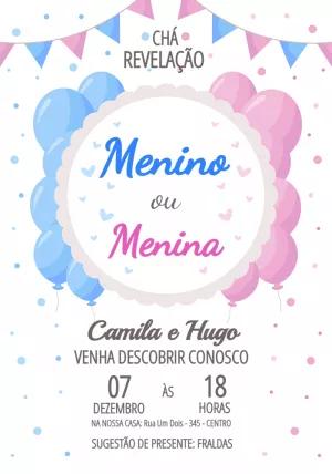 Convite Chá Revelação com Balões Rosa e Azul para Editar
