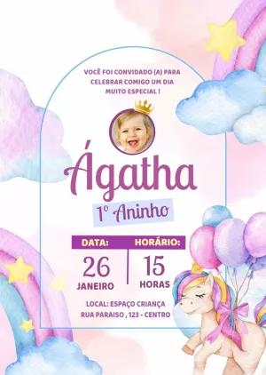 Convite Aniversário Unicórnio Arco-íris com Foto Editável