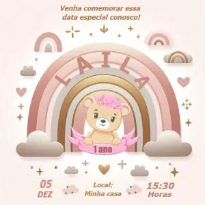 Convite Aniversário Ursinha Arco Íris Boho para Editar
