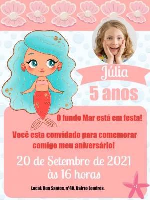 Convite de Aniversário Sereia com Foto para Editar Online