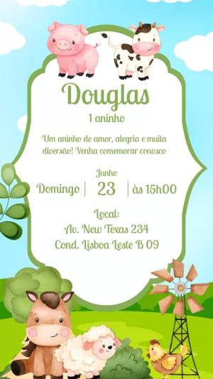 Convite Aniversário Fazendinha com Animais para Editar Online