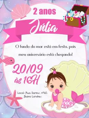 Convite Aniversário Sereia Bebê para Editar Online