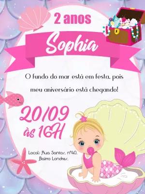 Convite Aniversário Sereia Baby Fofa para Editar Online