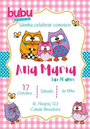 Convite de Aniversário Coruja Bubu para Editar Online
