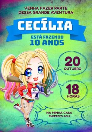 Convite de Aniversário Arlequina para Editar e Imprimir