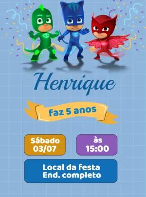 Convite Aniversário PJ Masks com Heróis para Editar Online