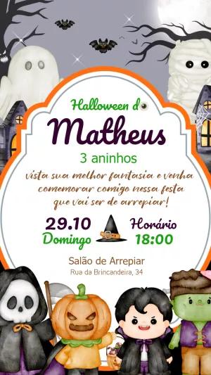 Convite de Aniversário Halloween com Monstros para Editar Online