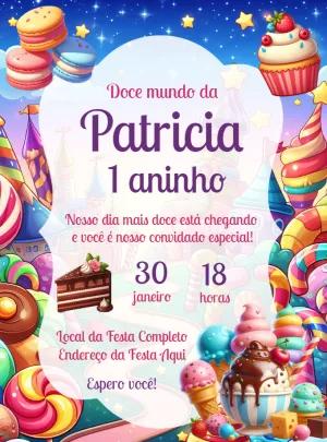 Convite Aniversário Mundo Doce para Editar Online