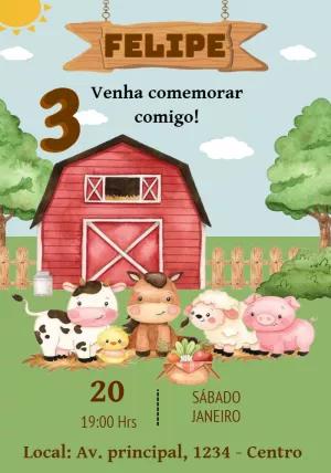 Convite Aniversário Fazendinha com Animais Fofos para Editar