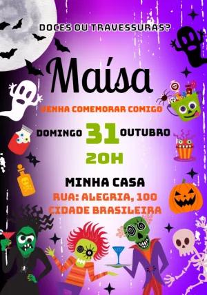Convite Aniversário Halloween com Monstros para Editar Online