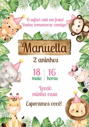 Convite Aniversário Safari com Animais Fofos para Editar Online