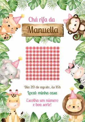Convite Chá Rifa Safari com Animais Fofos para Editar Online