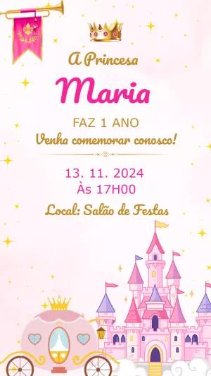 Convite Aniversário Princesa com Castelo e Carruagem para Editar