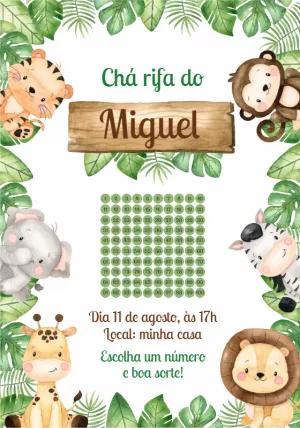 Convite Chá Rifa Safari com Animais Fofos para Editar Online