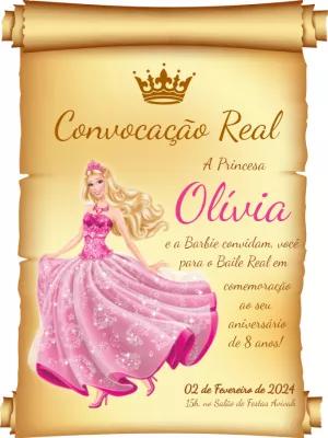 Convite de Aniversário Barbie Princesa Convocação Real para Editar