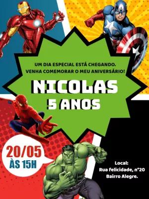 Convite de Aniversário Vingadores Estilo Quadrinhos para Editar