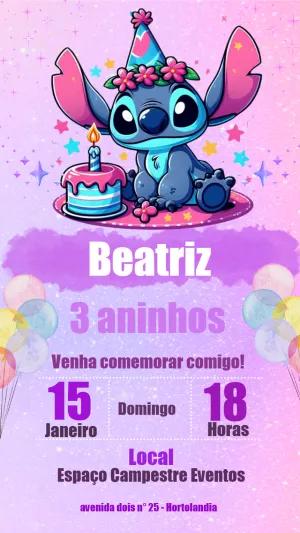 Convite de Aniversário Stitch Rosa para Editar Online