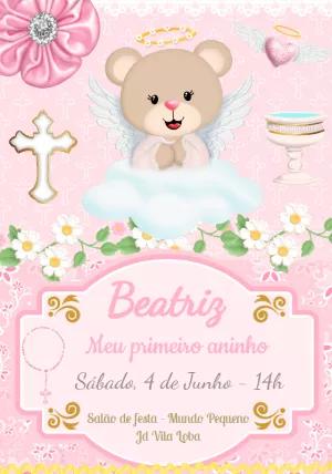 Convite 1º Aninho e Batizado Ursinha Anjo para Editar Online
