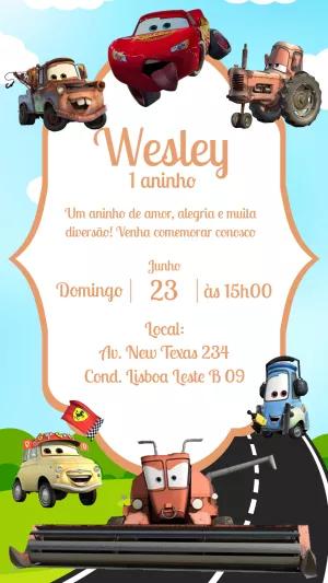 Convite de Aniversário Carros com Personagens para Editar Online