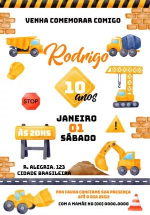 Convite Aniversário Construção com Caminhões para Editar Online
